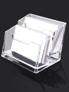 Modern acrylic desk business card holder displaying credentials